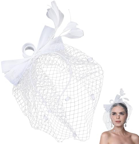 CABODYALS Weißes Feder Netz Schleier Stirnband Mit Haarspange Vintage Gaze Elegante Schleife 1920er Set Flapper Fascinator Kopfschmuck Tüll Stirnbänder Für Frauen Halloween Braut Hochzeit Cosplay Teep