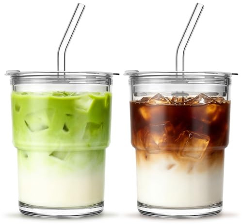 INSETLAN Clear Glass Cup with Lids and Straws, 2 Pack Ice Coffee Cup, Glass Tumbler with Lid and Straw for Smoothie, Latte, Iced Coffee, Matcha and More – Elegant & Durable