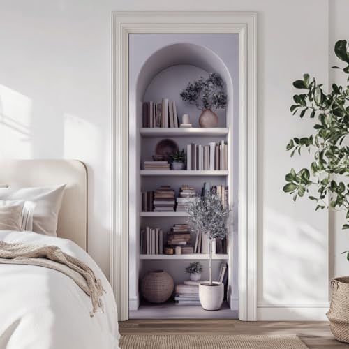 arricraft 2 Pcs Self-Adhesive Door Sticker, 31.5x78.7 3D Arched Bookcase Elegant and Simple Bookshelves Murals Stickers PVC Removable Wallpaper Decoration for Bedrooms Living Room