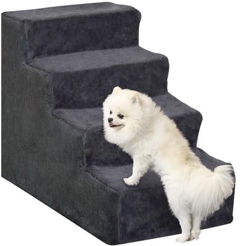 PawHut Scala per Cani Gatti 10 KG a 4 Gradini, 60x35x44 cm, Grigio Scuro | Scaletta per Cani e Gatti, Tessuto Vellutato, Sfoderabile e Lavabile
