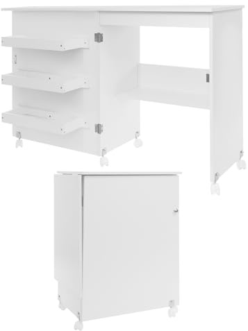 ROGONPDK 2-i-1 fällbart symaskinsbord, rullbart sybord, syskåp, skrivbord, fällbart symaskinskåp, universalbord med 5 rullar, för studier och verkbutiker