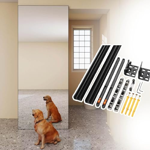Kit Porte Coulissante Rail de Porte de Placard Miroir Noir, Kit de Porte Coulissante à Fermeture Amortie, Pour Intérieur, Quincaillerie de Porte de Grange Sans Rail Apparent(165cm/65in)