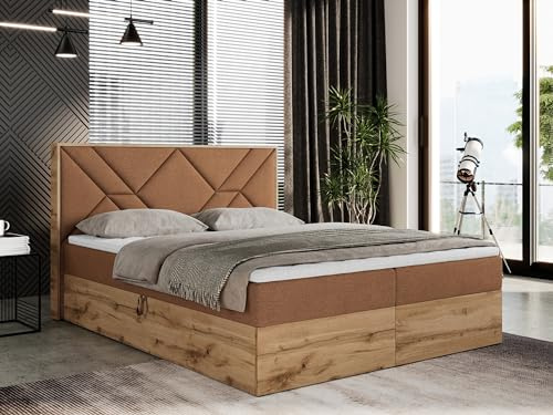 MKS MEBLE Boxspringbett 180x200 cm mit Kopfteil und Bettkasten, Polsterbett mit Hart (H4) Matratze und Topper Visco, Boxspringbett mit Massivholz und Kopfstütze - Gunar - Orange Struktur