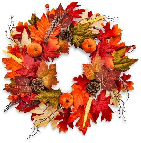 Goviraye Herbstkranz 53 cm, Türkranz Herbst mit Ahornblättern, Mini-Kürbissen, Tannenzapfen und Beeren, Künstlicher Herbst Deko Kranz für Haustür Kamin Wand Erntedankfest Halloween