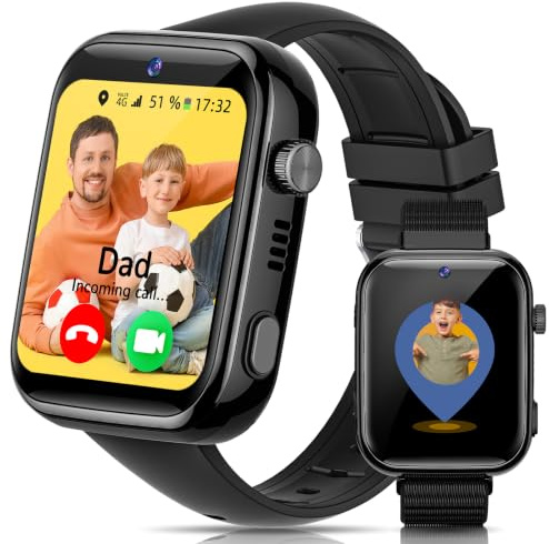 AIMIUVEI 4G Montre Connectée Enfants avec Appels, Appels Vidéo, Chat Vocal, Whatsapp, WiFi, GPS, SOS, SMS, Étanche IP68, Mode École et Podomètre, Smartwatch Enfants avec Écran HD 1,83'' Noir