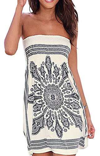 HAHAEMMA Femme Robe Eté Bustier Epaule Bohème Coloré Floral Casual Mini Plage