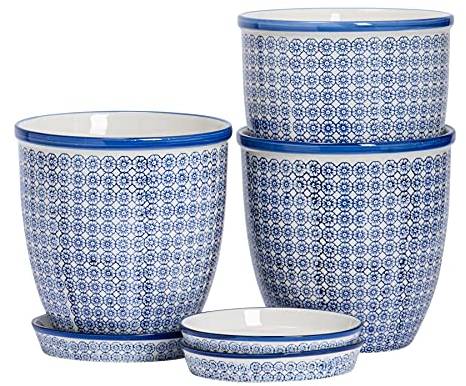 Nicola Spring Handgedruckte Pflanzentöpfe Mit Untertassen - 20,5cm - Marine - Pack Von 3