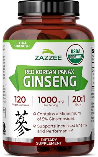 Zazzee USDA Organic Red Korean Panax Ginseng 20:1 Extract, 1000 mg, 5% Ginsenosides, 120 Vegan Capsules, Standardized and Concentrated 20X Root Extract, 100% Vegetarian, All-Natural, Made in the USA