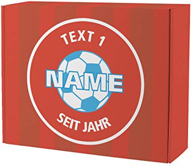 Herz & Heim® Fußball Geschenk-Verpackung - 28 cm x 35,5 cm x 10 cm (B/H/T) - mit Ihren Namen und Wunschtext bedruckt Rot