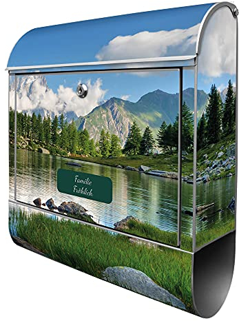 banjado® Design Briefkasten personalisiert Gebirgssee 38,5x46,5x13cm & 2 Schlüssel - Briefkasten Stahl Silber Zeitungsfach pulverbeschichtet - Postkasten A4 Einwurf inkl. Montagematerial