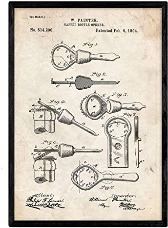 Nacnic Poster Patent Openers. Blatt mit altem Design-Patent in der Größe A3 und Vintage-Hintergrund
