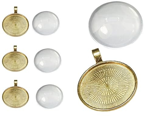 Perlin 4 Set Medaillons Metall Anhänger Fassungen und 25mm Rund Klar Glas Cabochon, Fassung Rahmen Super Optik Bastelset (Gold)