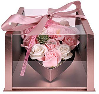 GLOBALFLOR edle rosegoldene Herzbox mit Kunstrosen und Kunstblumen, angenehmer Duft, Geschenkbox 23.5x23.5x19 cm