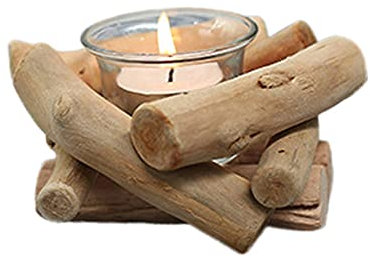 TYUTYU 1Set Rustikale hölzerne Kerzenhalter Treibholz Kerze Stehen Winddichte Kerzenständerdekoration mit Kerze und Glasschale (Color : As Shown)