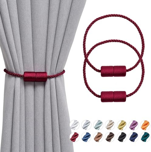 Pretty Jolly magnetische Vorhang Raffhalter handgefertigtes Gewebe Seil Vorhang-Raffhalter Einfachheit dekorative Vorhang drapieren Krawatte zurück für Haus & Büro Fenster Drapery, Weinrot, 2 Stück