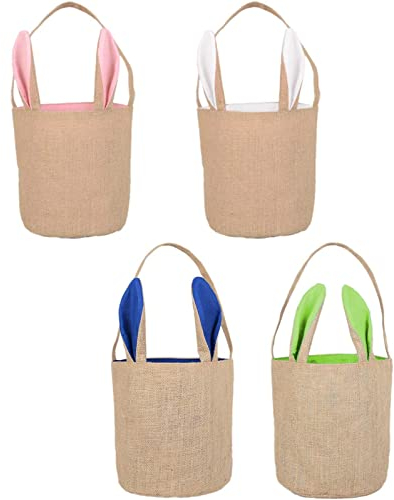 EXQULEG 4pcs Groß Osterhasen Taschen Jute Ostertasche mit Ohren Jutebeutel Sammeltasche Ostern Hase Tasche, 22x20cm