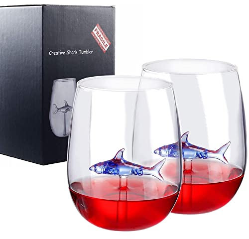 Hai-Weinglas mit Hai innen, einzigartige 3D-blaue Hai-Weingläser (2 Stück), personalisierte Hai in Rotweinbechern, moderne Hai-Liebhaber-Geschenke für Frauen, Party, Geburtstag, Hochzeit (ohne Stiel)