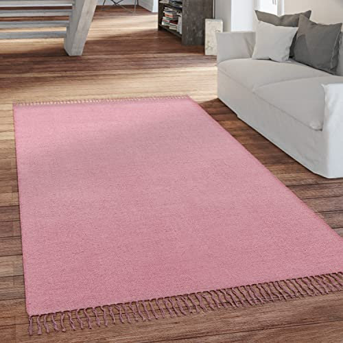 Paco Home Teppich Wohnzimmer Schlafzimmer Boho Style Flachgewebe Modern Baumwolle Mit Fransen Handgearbeitet Einfarbig, Grösse:80x150 cm, Farbe:Rosa