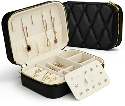 KAMIER Kleine Schmuckkästchen für Damen, Reise Schmuckbox PU Leder Schmuckschatulle für Ohrringe, Ringe, Halsketten, niedliche Schmucketui Reise für Frauen, Männer, Mädchen, Schwarz