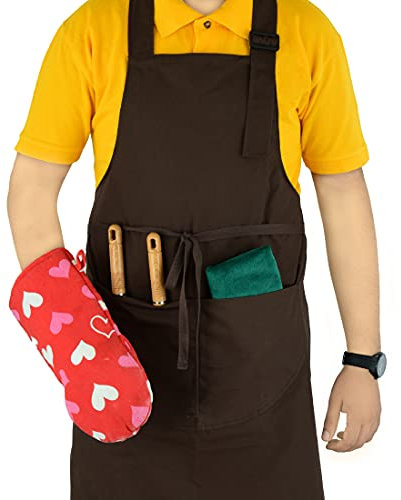 LESCO88 Delantal de cocina marrón resistente al agua para mujer con bolsillos, delantal de chef de calidad profesional para hombres con lazos largos. Correa ajustable para babero, delantal Masterchef
