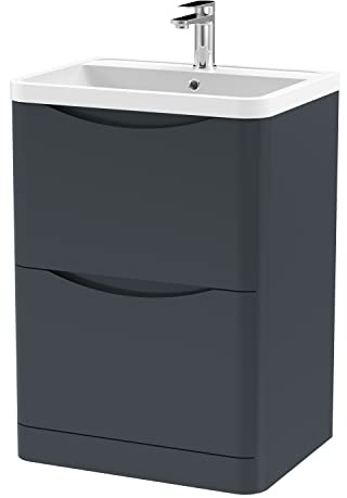 nuie LUN1401 Lunar Modern Bathroom Floor Standing 2 Drawer Vanity Basin Unit with Polymarble Basin, 600mm, Soft Black