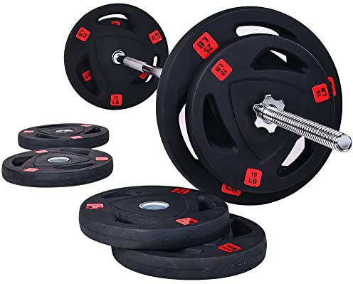 Fitvids Standard Hantelscheiben aus Gusseisen inkl. 1,52 m Standard-Hantel mit Sternverschlüssen, 43,1 kg Set (38,6 kg Scheiben + 4,5 kg Langhantel), mehrere Pakete, Stil #6