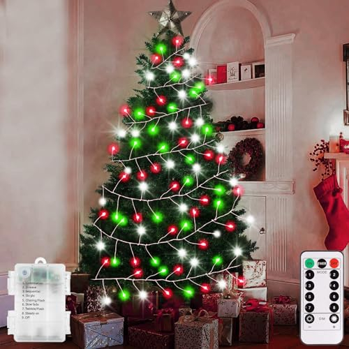 CCILAND Christmas Red White Green Firecrackers Lights Battery Operated, 3M 200 LED Fairy Lights Auto Timer 8 Modes LED Cluster Light for Indoor Outdoor Party Decor (Red White Green)