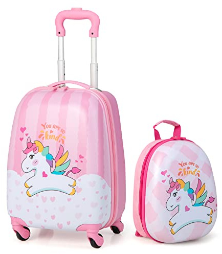 GYMAX 2Pcs Kids Luggage Set, 16/18 & 12 Girls Suitcase (Pink, 12 & 16) | Backpack Set with 4 Spinner Wheels, Hard Shell Children Trolley Case for Travel School