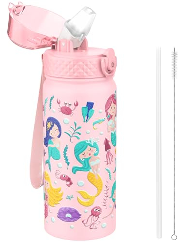 GOPPUS 550ml/18oz Kids Insulated Water Bottle with Straw Cute Double Wall Stainless Steel Child's Small Flask Vacuum Insulated Steel Metal Leak Proof Drink Flask Boys Toddler Girls Flask BPA-Free