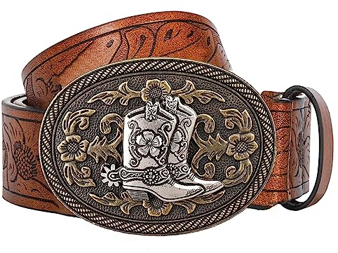 KorhLeoh Cintura con fibbia da cowboy in pelle occidentale per uomo Donna Jeans con stivali floreali incisi Cintura con fibbia Texas (vita 69-104 cm)