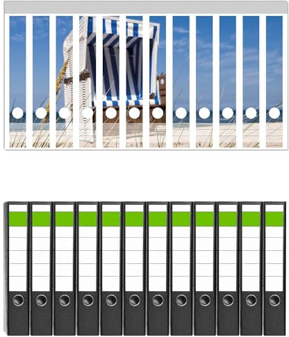 Wallario 12 Stück schmale Ordner inkl. Klebeetiketten mit Motiv Strandkorb - Set mit Rückenschildern/Ordnerrücken Stickern