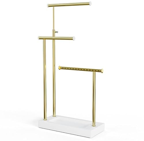 SRIWATANA Présentoir de Bijoux Arbre à Bijoux avec 3 Barres Métalliques Une Hauteur réglable pour Organiser Colliers Bracelets et Boucle d'oreille cadeau pour mère (blanc et doré)