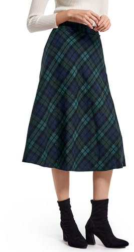 Damen Hohe Taille Karierter Rock Winterrock Vintage Elegant Plaid Warm Wollrock Lang Röcke Retro Elastische Taille A Linie Casual Party Midi Faltenrock Green L