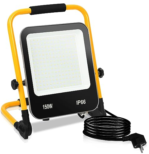 Gimisgu LED Baustrahler, 150W Arbeitsleuchte 13000LM 6000K Kaltweiß IP66 Wasserdicht, Tragbares Baulampe mit 3M Kabel und Faltbarer Ständer für Innen-Außenbereich (mit Stecker)