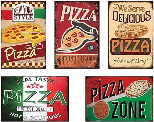 Lot de 5 panneaux rétro en métal pour pizza, pour magasin/garage/bar/club/café/maison amusante, grotte, garage, bar, décoration murale 20,3 x 30,5 cm