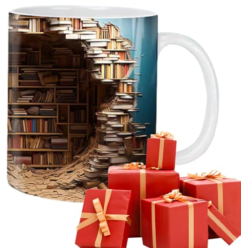 ORTUH 3D-Bücherregal-Tasse, Creative Space Design Mehrzweck-Keramikbecher, Doppelseitig Bedruckte Bibliotheks Bücherregal Tasse, Geschenke für Leser, Buchliebhaber