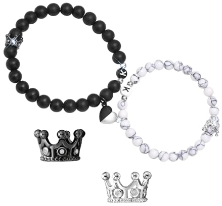 TempBeau Paare Armband Damen Herren : 2pcs Pärchen Armbänder Schmuck Geschenke Perlen Freundschaft Armkette König & Königin Einstellbar für Paar Männer Frauen Familien Freund