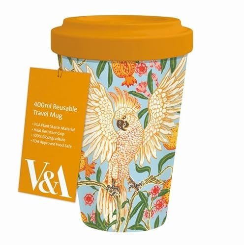 Museums & Galleries 400ml Reusable Travel Mug - V&A Inspired - Cockatoo and Pomegranate Tropical Design - Sustainable Kitchenware Gift Idea