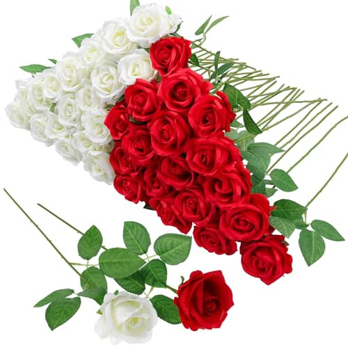 Hoemwarm Bouquet di rose artificiali rosse e bianche, 36 pezzi, centrotavola in finta seta, fiori artificiali realistici, per matrimoni, San Valentino, bouquet di balli, decorazioni per feste