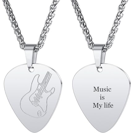 INBLUE Personalisierte Gitarren Plektrum Halskette für Männer Graviert mit Text/Foto Anpassen Edelstahl Gitarre Anhänger Felsen Punk Cooles Schmuck Geschenk für Musik-Liebhaber (B1 - Text)