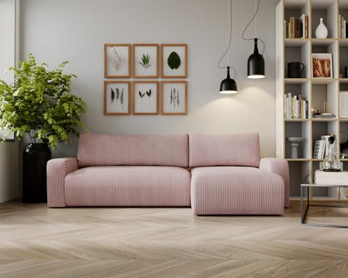 Kaiser Möbel, Ecksofa mit schlaffunktion, mit Bettkasten, Schlafsofa Argon, Designer Sofa, Modern Design Couch, Polsterecke, Freistehend, Zoom Stoff- Dicker Cord Rosa Ottomane Rechts