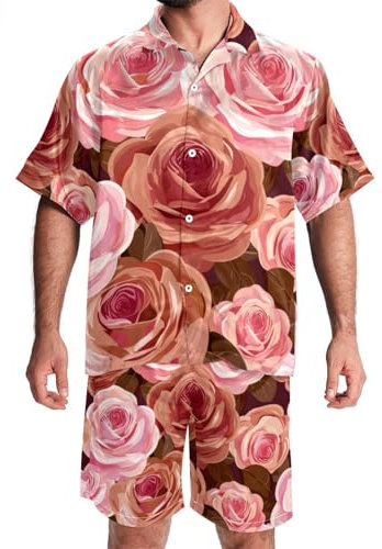 KQNZT Ensemble chemise et short hawaïen pour homme, tenue 2 pièces, tenues de vacances pour homme, rose fleur, pastorable, ensemble chemise et short pour homme, Style 160, M