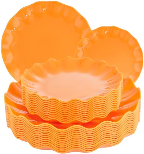 LIYH 24 Stück orangefarbene Teller – schwere gewellte Teller, stabiler Partyteller für Geburtstag, Babyparty, Frühlingsparty-Zubehör, langlebig und mikrowellengeeignet (12 Gäste)
