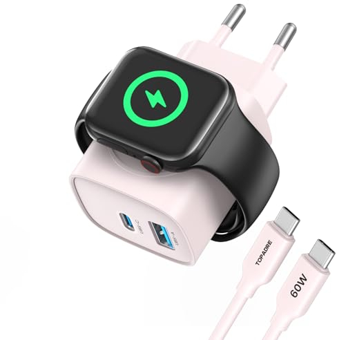 Chargeur pour Apple Watch 3 en 1, 20W USB C Chargeur Rapide iPhone, iWatch Chargeur Montre Apple Watch Serie 10/9/8/7/6/5/Ultra/SE, pour iPhone 16 15 14 13 12 avec 60W USB C Câble, Rose