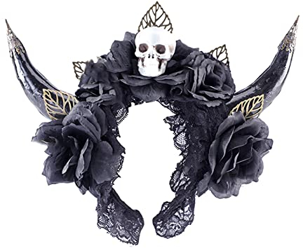 Simulation Schafhorn Cosplay Haarreifen Künstliches Ochsenhorn mit Blume Schädel Dekor Karneval Halloween Materialien Cosplay Hörner Ochse Schaf Cosplay Hörner Schwarz Cosplay Hörner Stirnband Cosplay