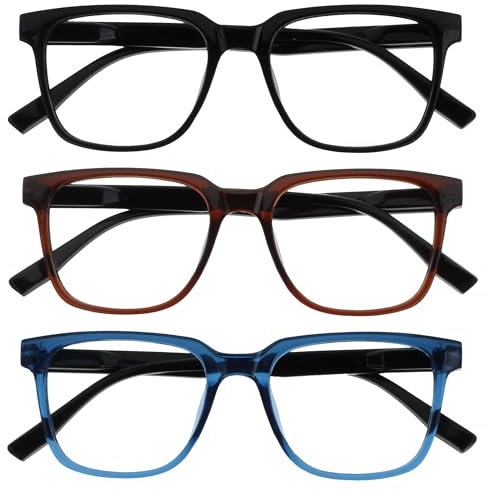 OPULIZE LEO Lesebrille - 3er-Pack - Großes Rechteckiges Gestell - Schwarz, Braun, Blau - Herren Damen - Federscharniere - RRR55-123 - +2.00
