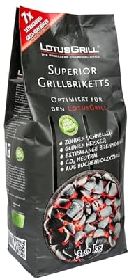 LotusGrill Superior BBQ Briquetas de carbón de haya 3 kg – CO2 neutro, encendido rápido, larga duración, de carbón de haya (hasta 3 horas de diversión)