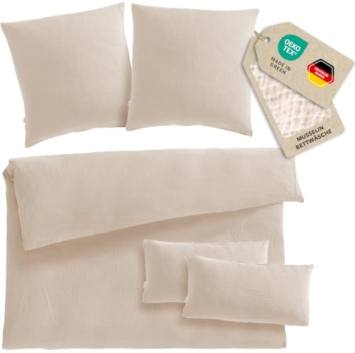 Pure Label Musselin Bettwäsche 5tlg 200x200+2x80x80+2x40x80 Beige | Traumhaft weiche, kuschelige Bettwäsche-Sets aus Musselin - 40° Waschbar