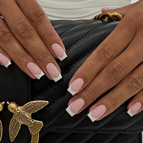 JUSTOTRY 24 Pcs White French Short False Nails Pattern,Pink Solid Square Press on Nails,Glossy Fake Nails Medium for Nail Art,Squoval Stick on Nail for Women Gifts