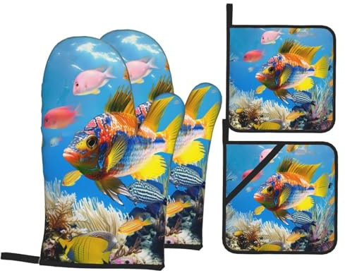 Colorful Fish Oven Mitts and Pot Holders Set of 4 - Heat Resistant, Waterproof Fabric - Ideal for Kitchen, Baking, Barbecue - Idea Gift!